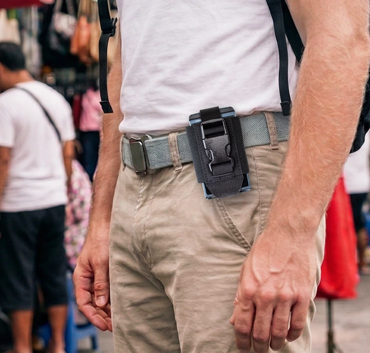 Mężczyzna i kobieta wędrują pod górę trawiastą ścieżką z oceanem w tle. Oboje mają na sobie kurtki i plecaki turystyczne, wyglądają na szczęśliwych i zrelaksowanych w słońcu. Mężczyzna ma przypięty do paska wytrzymały pokrowiec marki IDOGEAR na translator Vasco, w którym znajduje się Vasco Translator Q1.